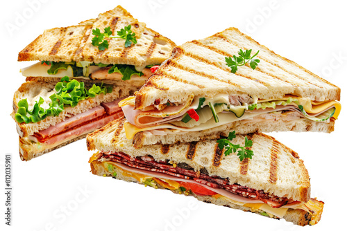 three delicious-looking, grilled sandwiches with various fillings, garnished with parsley on transparent background
