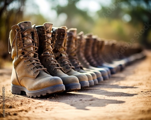 Closeup of military boots lined up precisely at a training camp, showcasing discipline and uniformity among soldiers