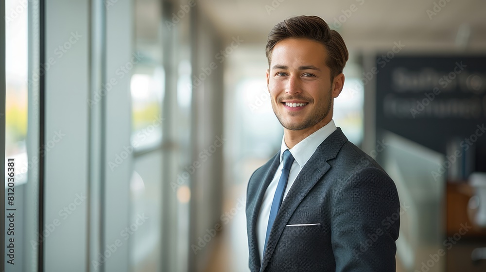 Naklejka premium Smiling businessman in a professional suit, standing confidently in an office setting