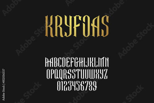 Blackletter alphabet, fraktur goth letters, gothic font for tattoo salon logo, fancy initial, whiskey beer label, medieval headline, antique typography, calligraphic type. Vector typographic design