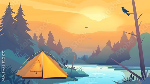 camping tent in the nature of forest with bird on the tree