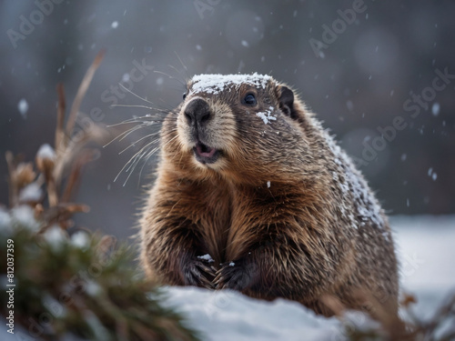 Wintry Groundhog Scene, Snow-Covered Groundhog Making an Appearance on Groundhog Day
