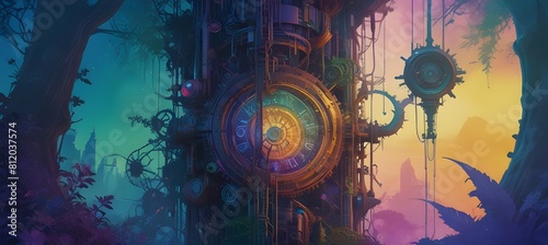 A glitchy steampunk neon jungle, pulsating with vibrant colors and mechanical intricacies, appears in a surreal watercolor painting.  photo