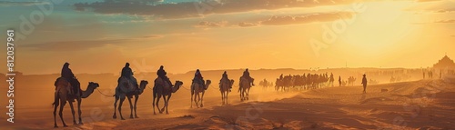 A group of camels are walking across a desert,Eid-al-Adha, the Feast of Sacrifice. photo