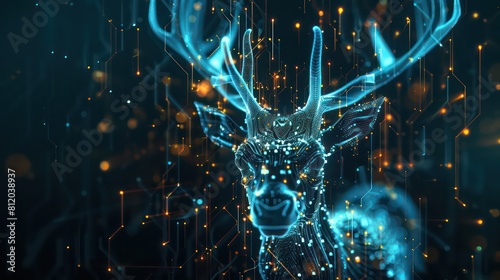 3d rendering illustration of a robotic science fiction deer with glow in a black background for the purpose of advertisement photo