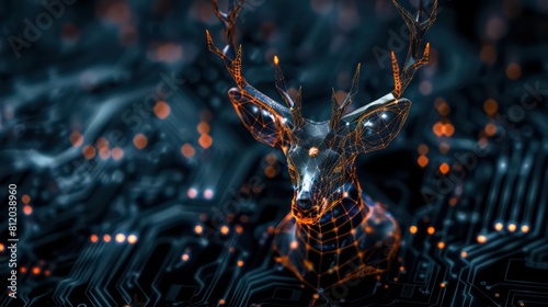 3d rendering illustration of a robotic science fiction deer with glow in a black background for the purpose of advertisement photo