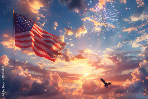 Flying eagle with American flag and fireworks on background, 4 July Independence Day celebration.