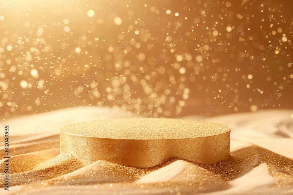 A gold sand sculpture with a lot of glitter on it A gold sand sculpture with a lot of glitter on it