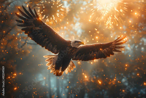 Flying eagle with American flag and fireworks on background, 4 July Independence Day celebration.