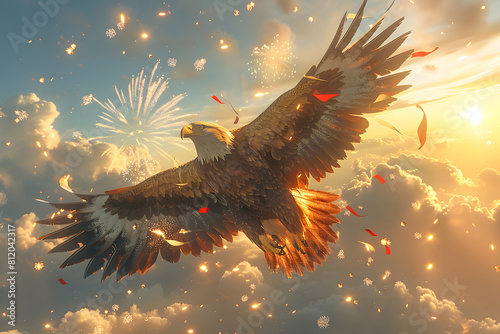Flying eagle with American flag and fireworks on background, 4 July Independence Day celebration.