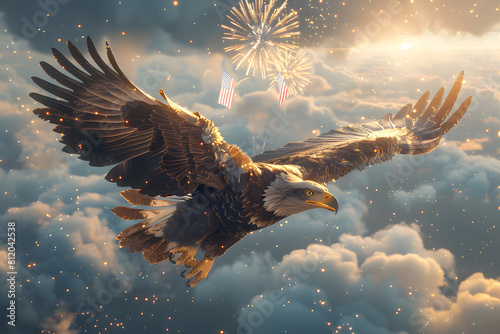 Flying eagle with American flag and fireworks on background, 4 July Independence Day celebration.