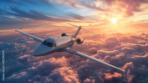 Modern private jet flying over clouds during sunset or sunrise