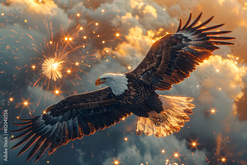 Flying eagle with American flag and fireworks on background, 4 July Independence Day celebration.