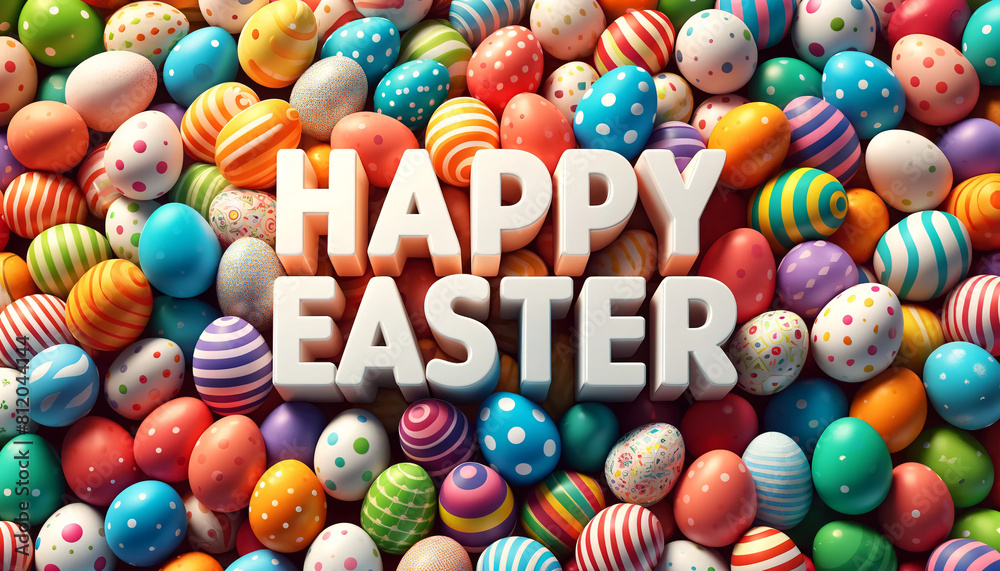 Fototapeta premium The phrase 'HAPPY EASTER' in bold, 3D white letters, set against a backdrop of tightly packed