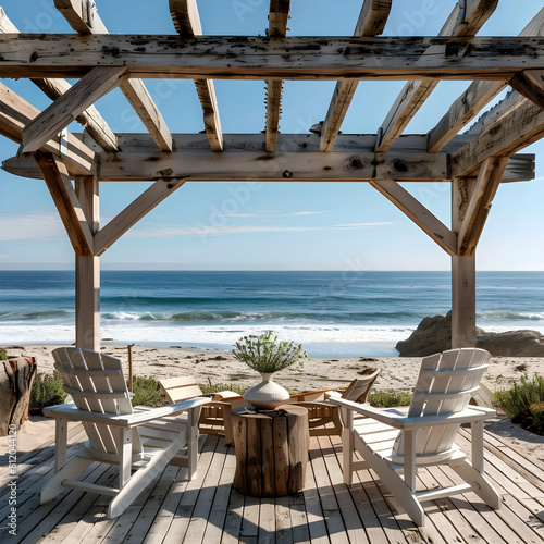 transparent background with isolated wooden structure and white chairs overlooking the ocean