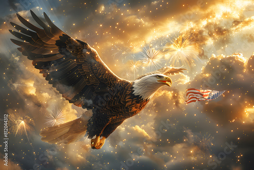 Flying eagle with American flag and fireworks on background, 4 July Independence Day celebration.