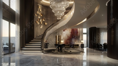 The image shows a modern and luxurious house with a spiral staircase, marble floors, and a crystal chandelier.