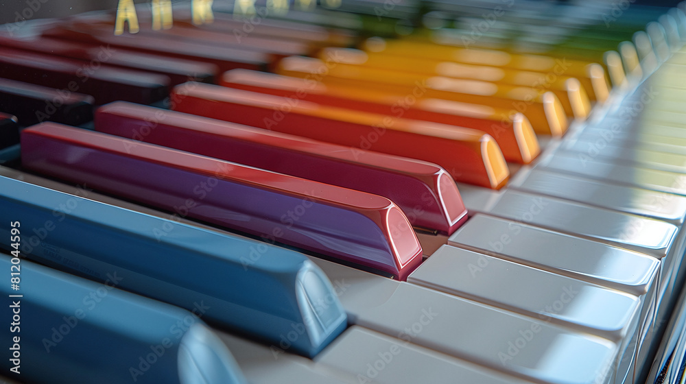 close-up photo of a piano keyboard with rainbow colored keys close-up photo of a piano keyboard with rainbow colored keys