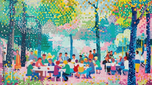 Kilka osób siedzi przy drewnianym stole na trawie w parku. Jedni rozmawiają, inni jedzą posiłek. W tle widać drzewa i niebieskie niebo