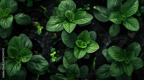 Green seedlings in pots with black soil, green plants, high resolution photography, high detail.
