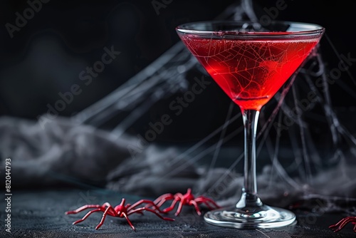Red alcoholic cocktail for Halloween on a dark background with a spiderweb. AI generative