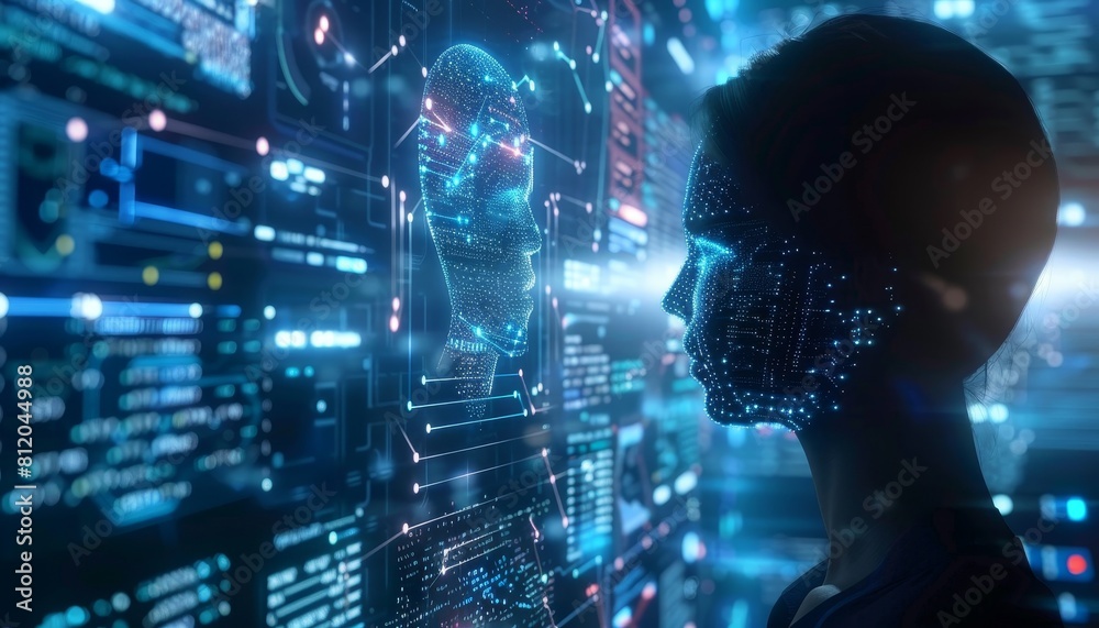 A computer generated face with a blue background by AI generated image A computer generated face with a blue background by AI generated image