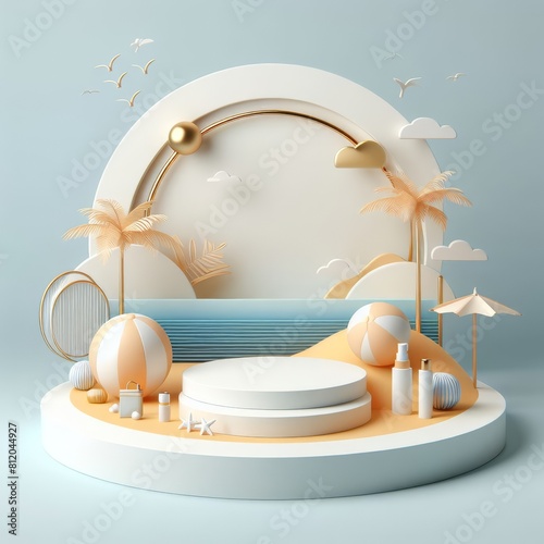 3D render, minimal Summer background with empty podium or pedestal platform for showing product, cosmetic scene for mock up, beach swim elements decoration.