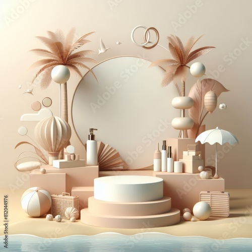3D render, minimal Summer background with empty podium or pedestal platform for showing product, cosmetic scene for mock up, beach swim elements decoration.