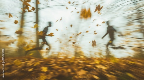 Dwa rozmazane kształty ludzi biegnących w lesie. Drzewa otaczające ścieżkę, ziemia pokryta liśćmi, szum natury