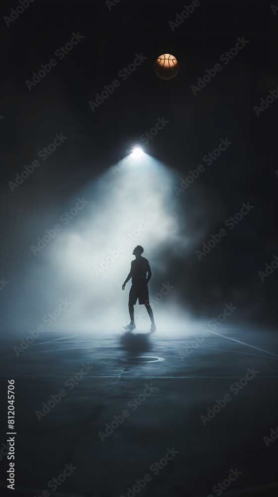 Silhouette of a Basketball Player Preparing for a Game Under Spotlight