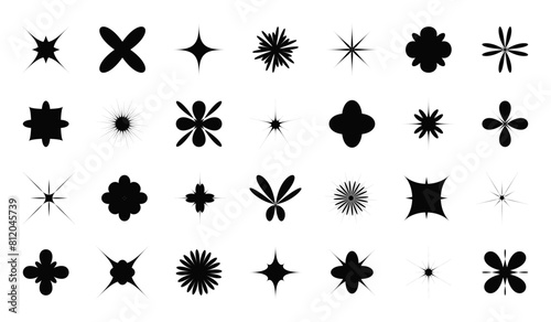Y2K brutalism abstract elements set. Simple geometric shapes  stars and flowers. Trendy modern graphic icons for decoration  posters  futuristic design. Black silhouettes isolated on white background