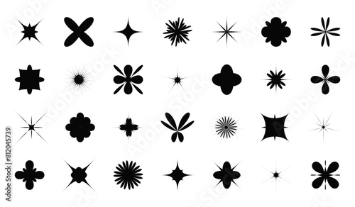 Y2K brutalism abstract elements set. Simple geometric shapes, stars and flowers. Trendy modern graphic icons for decoration, posters, futuristic design. Black silhouettes isolated on white background