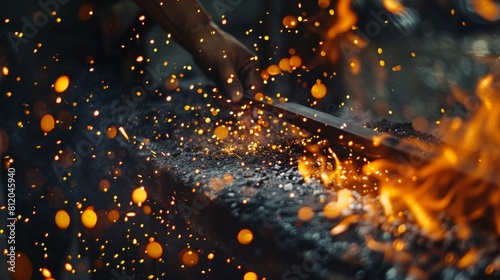 Close-up of a blacksmith in Japan forging a samurai sword, focusing on the sparks flying and the intense heat of the forge --ar 16:9 Job ID: 7a1ce09d-ecce-4b3c-9fcd-ef36f10a3bff