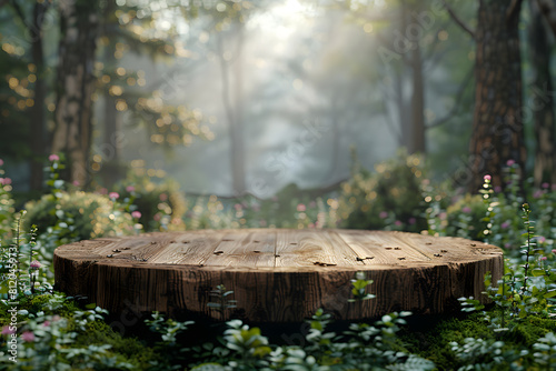 Stone podium at magic forest, plants, green moss, herbs, dew - 3D mockup background beauty product presentation concept. Copy space platform for Cosmetics, perfume fashion sales advertising stand.