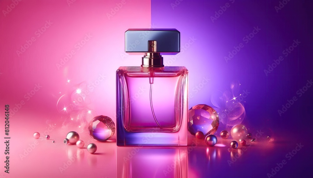 clear rectangular perfume bottle illuminated by gradient of pink to purple light clear rectangular perfume bottle illuminated by gradient of pink to purple light