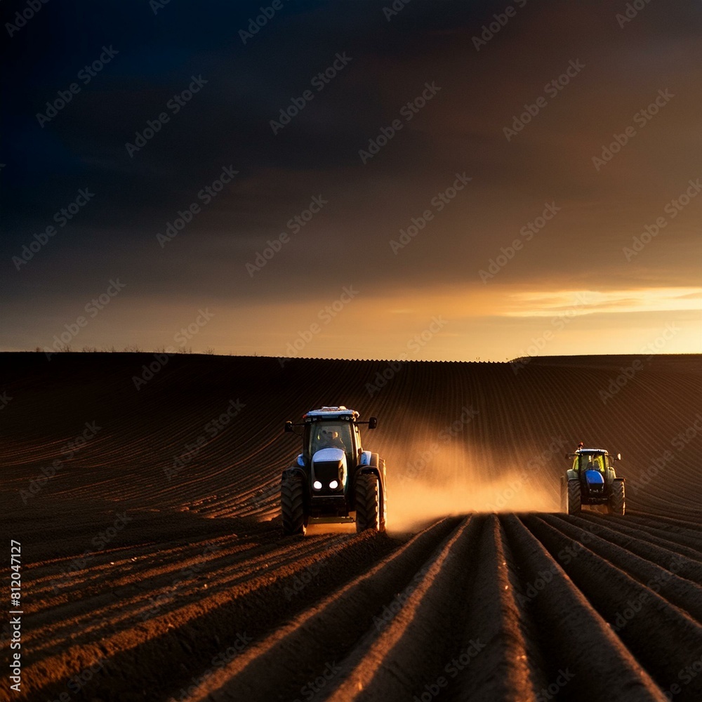 Ploughing a field with tractor at sunset Ploughing a field with tractor at sunset