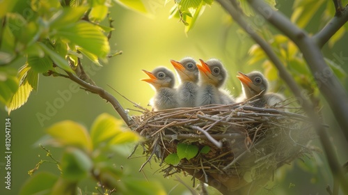 Grupa ptaków siedzi na gnieździe umieszczonym na szczycie drzewa. Ptaki skupiają się na pielęgnowaniu gniazda i komunikują się między sobą za pomocą śpiewu i krzyków photo