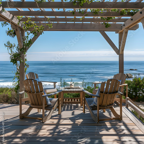 high quality transparent psd  a deck with wooden chairs and a table  overlooking a blue sky with white clouds