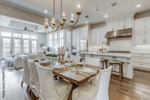 Luxury Home White Interior. Trendy White Kitchen in Texas with Set Table for Dinner