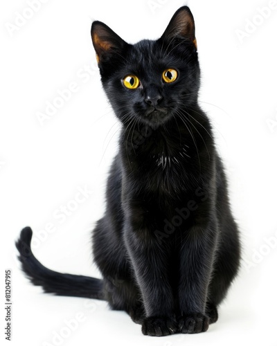 Cat Black. Crossbreed Domestic Cat Sitting Alone, Black Cat Pet Looking at the Camera