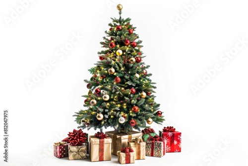 Isolated Christmas Tree. Closeup Composition with Ornamented Gifts on White Background