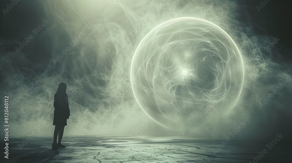 Fototapeta premium Mysterious Ethereal Orb Captivates Curious Onlooker in Minimalist Paranormal Landscape