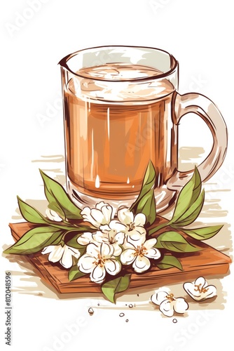jasmine tea, aromatic jasmine tea. cartoon drawing, water color style,