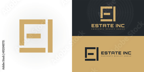 Abstract initial square letter EI or IE logo in luxury gold color isolated on multiple background colors. The logo is suitable for property realty group company logo design inspiration templates.