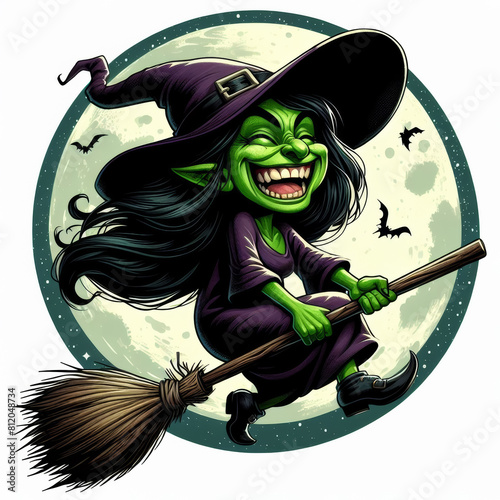 A witch flies on a broomstick on Halloween over a cemetery with skeletons, bats fly against the background of a gloomy sky.