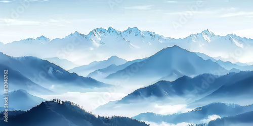 watercolor illustration of snowy mountain range, cold blue color palette © Luluraschi