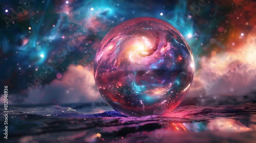 Fototapeta Naklejka Na Ścianę i Meble -  Crystal ball in space background filled with cosmic stars, planets, galaxies.