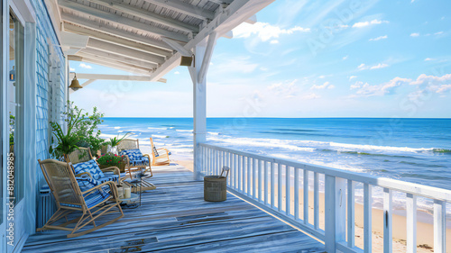 A image of a beachfront cottage with panoramic ocean views  coastal decor  and a private deck or patio  offering a serene seaside 