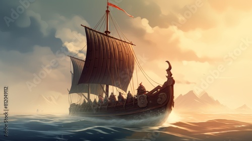 A large Viking ship sails through the ocean with a group of men on board photo