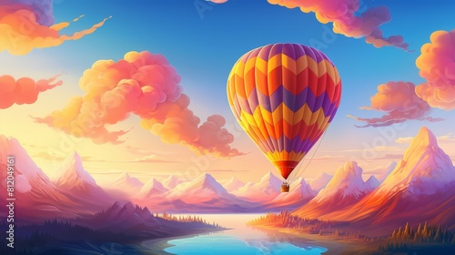 A colorful hot air balloon is flying over a mountain range